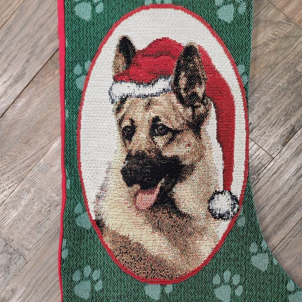 German Shepherd Dog‎ Christmas Tapestry Stocking USA Red Green Santa Hat Picken